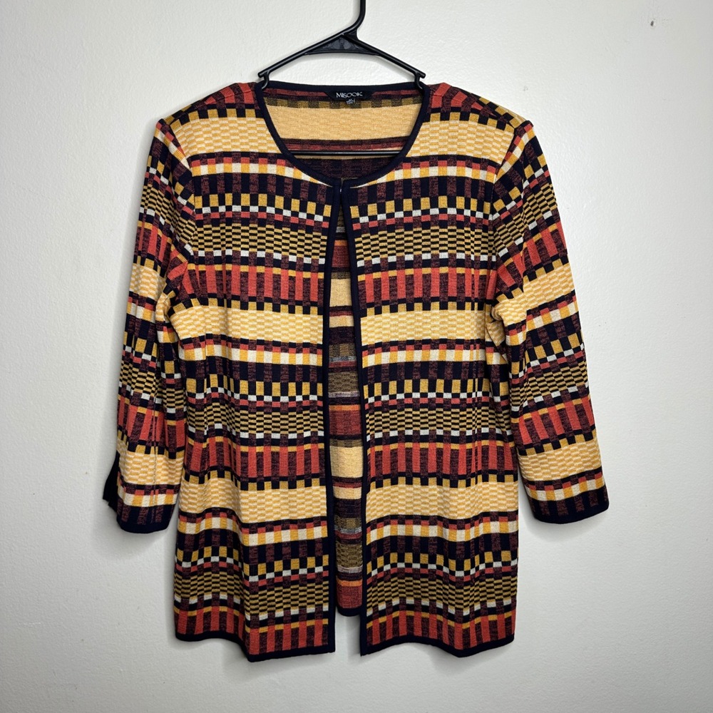 Misook Cardigan Sweater Jacket‎ Multi Color Geometric Pattern Knit size Medium